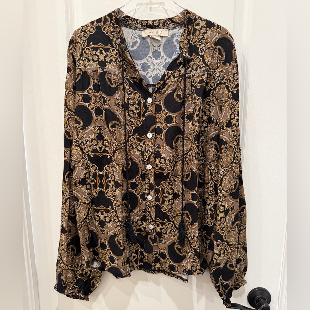Astrid Black and Gold Baroque Print Blouse